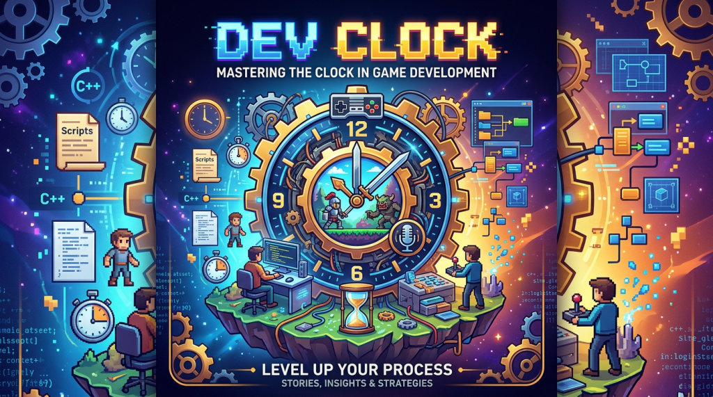 Digital art of game developers working with coding, timeline, and clock elements