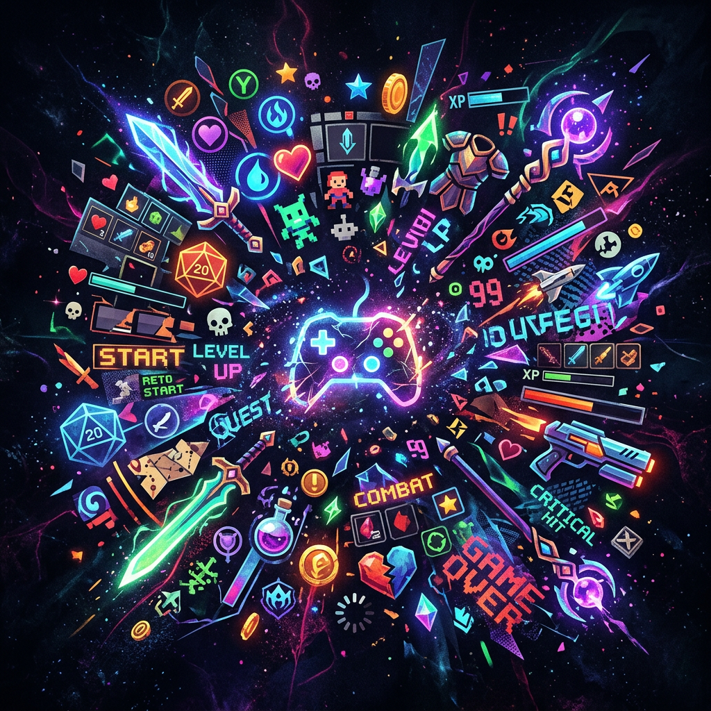 Glowing game controller surrounded by various gaming icons, weapons, potions, and UI elements