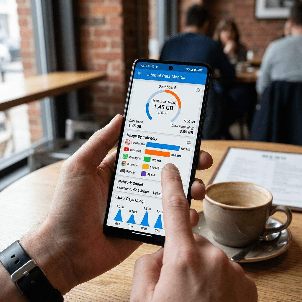 Smartphone showing Internet Data Monitor dashboard with 1.45 GB used and category breakdown