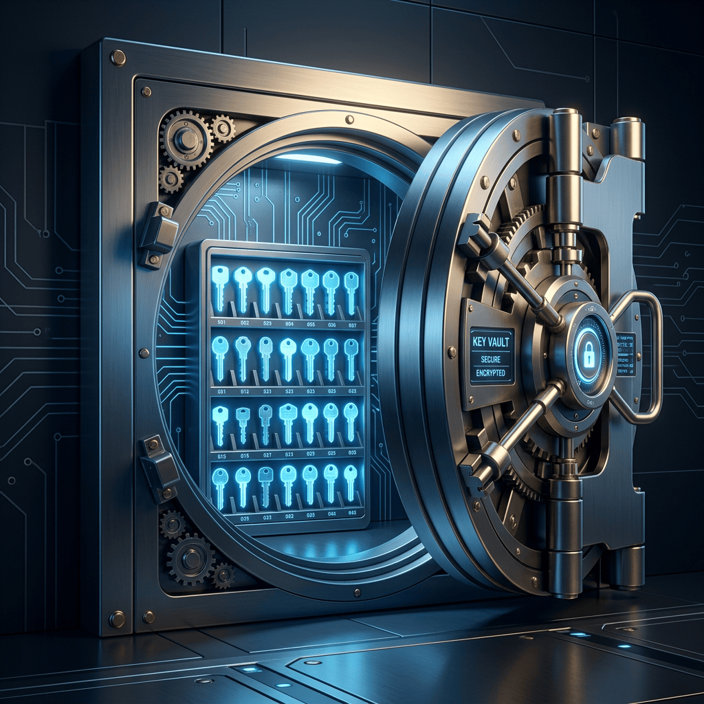 Futuristic key vault labeled KEY VAULT, SECURE, and ENCRYPTED