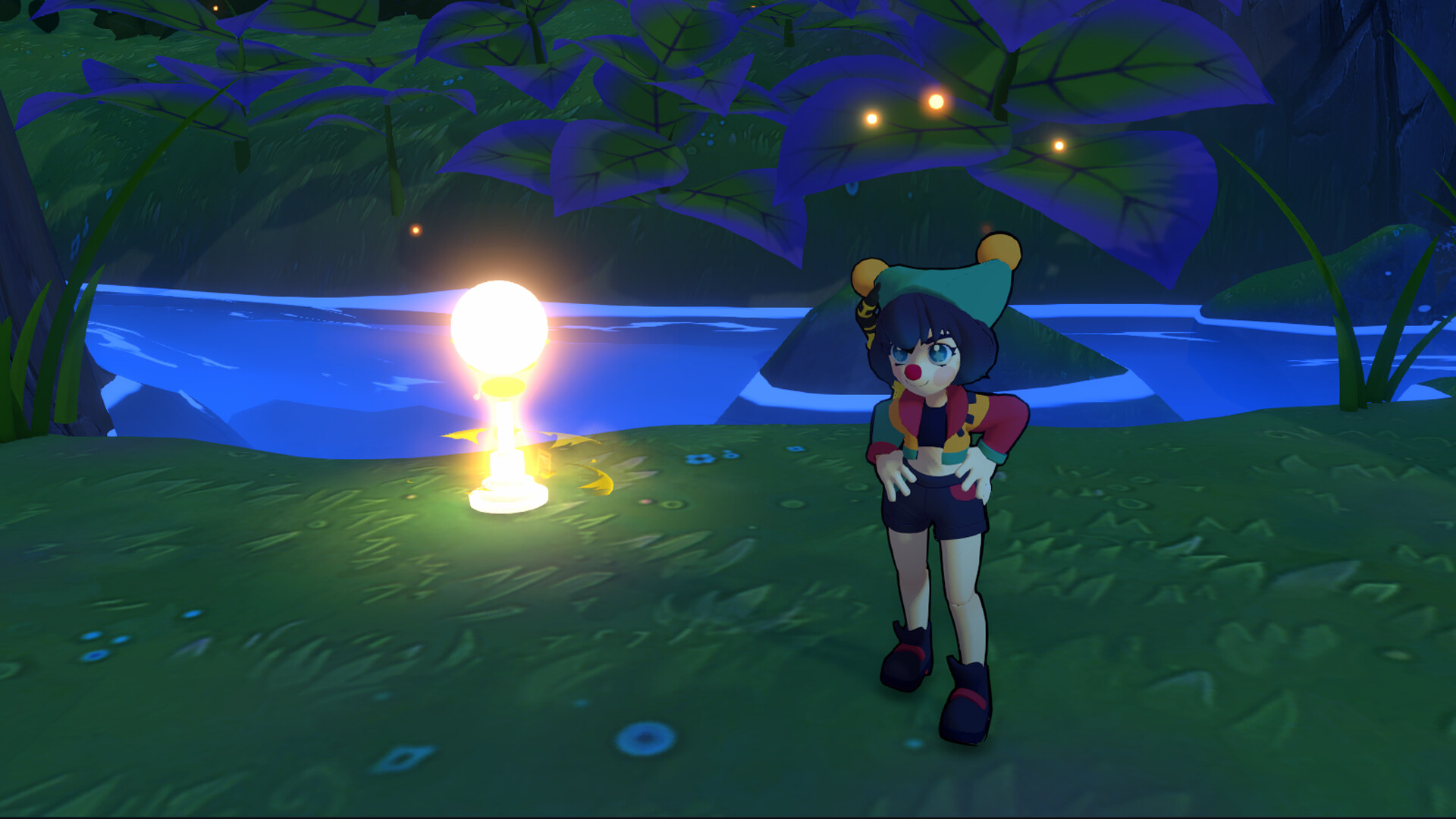 Cello, the puppet protagonist of Alpha Nomos, standing beneath oversized purple leaves beside a river.