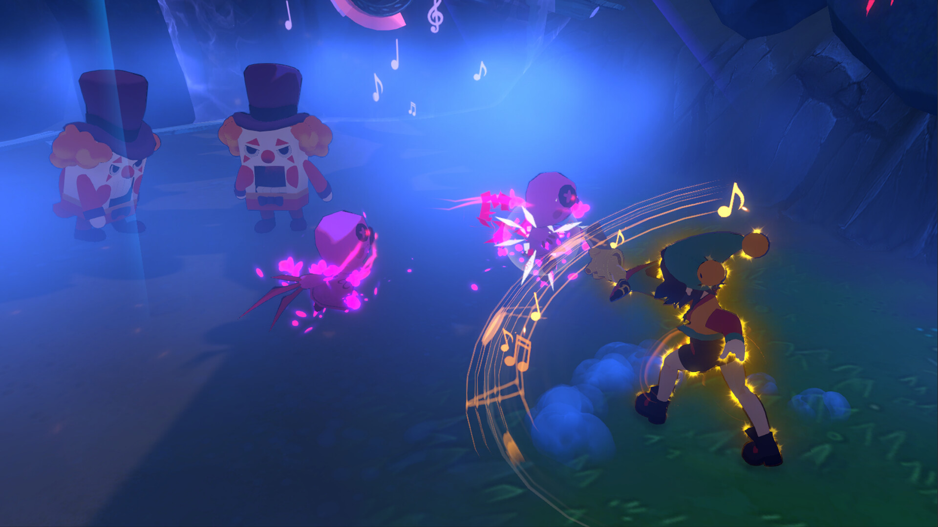 Cello fighting corrupted puppet enemies in a blue-lit arena filled with musical effects.